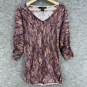 Calvin Klein Tunic Top Women M Medium Brown Geometric V-Neck 3/4 Sleeve Cotton